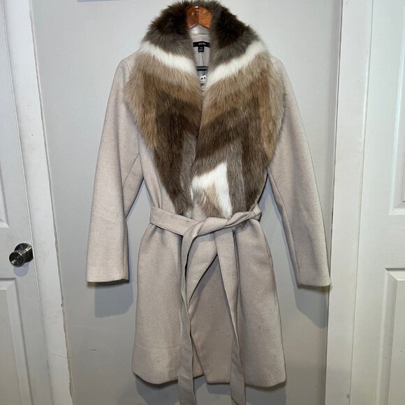 Women's Small/Medium, Beige, Alfani Faux-Fur Collar Belted Coat - Picture 1 of 5